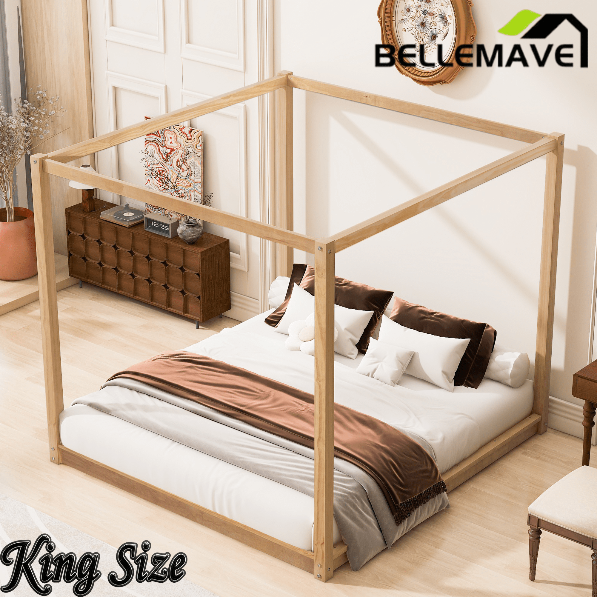 Bellemave® Canopy Bed, Wood Platform Floor Bed with Slat Support, 4 Posters Bed Frame for Kids, Teens & Adults - Bellemave