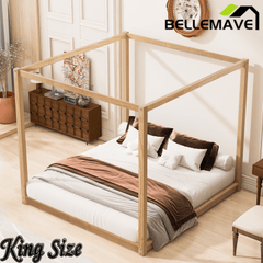 Bellemave® Canopy Bed, Wood Platform Floor Bed with Slat Support, 4 Posters Bed Frame for Kids, Teens & Adults - Bellemave