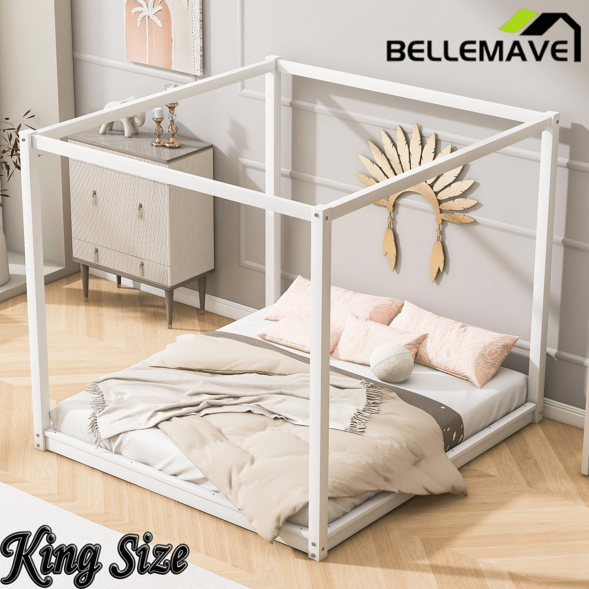 Bellemave® Canopy Bed, Wood Platform Floor Bed with Slat Support, 4 Posters Bed Frame for Kids, Teens & Adults - Bellemave