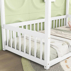 Bellemave® Canopy Frame Floor Bed with Fence, Guardrails - Bellemave