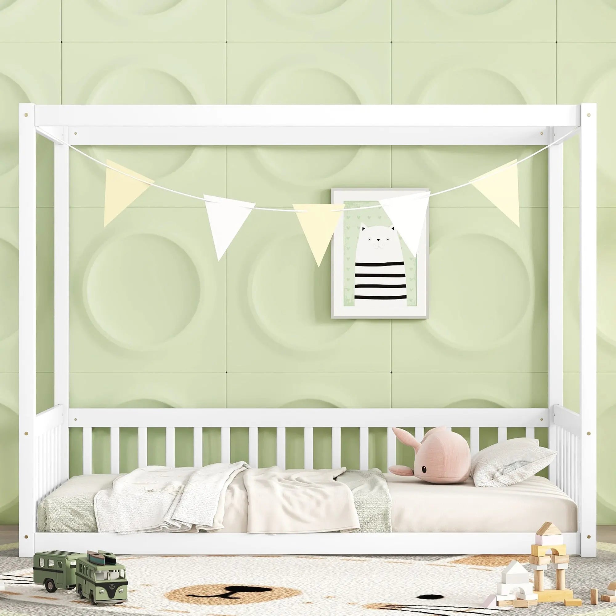Bellemave® Canopy Frame Floor Bed with Fence, Guardrails - Bellemave