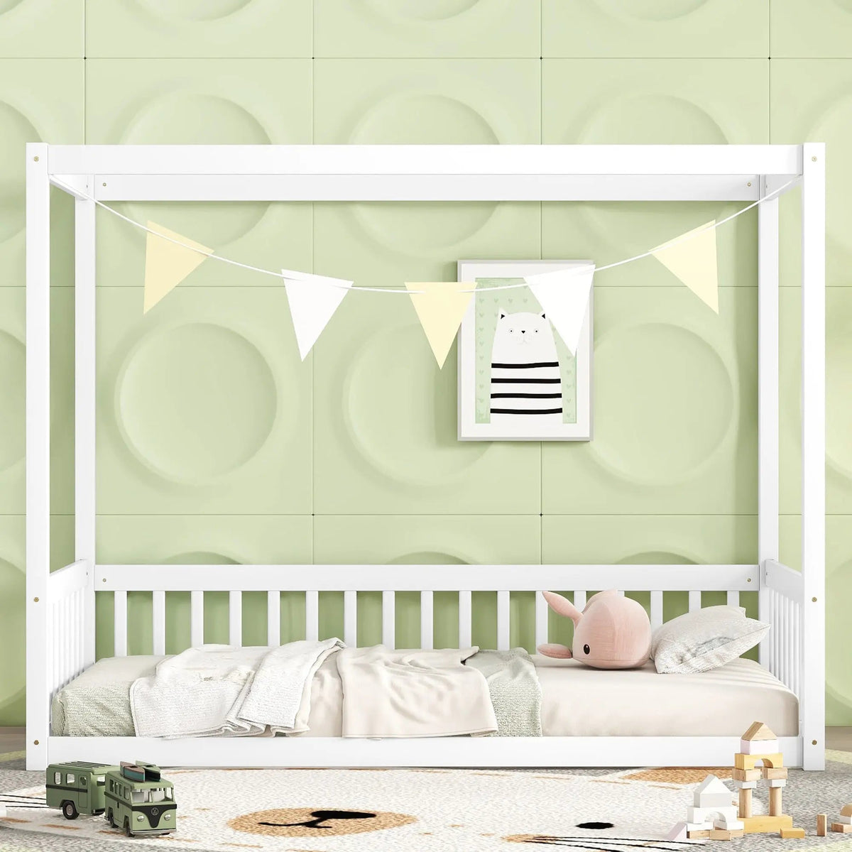 Bellemave® Canopy Frame Floor Bed with Fence, Guardrails - Bellemave