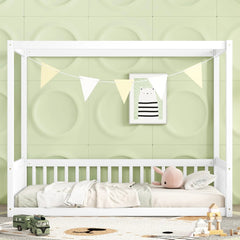 Bellemave® Canopy Frame Floor Bed with Fence, Guardrails - Bellemave