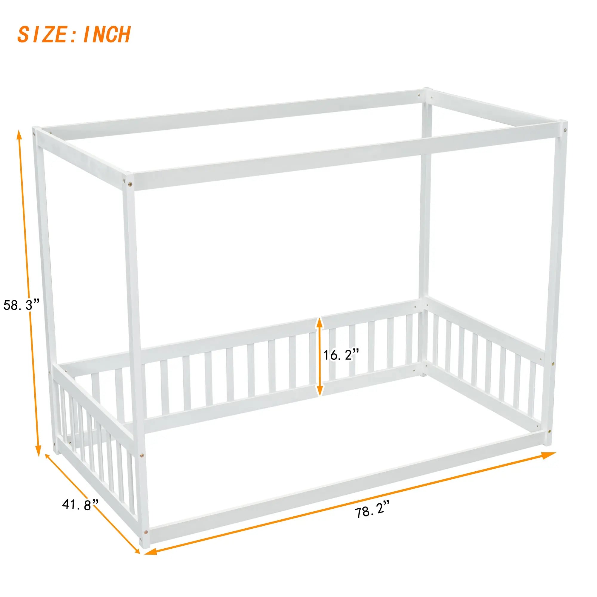 Bellemave® Canopy Frame Floor Bed with Fence, Guardrails - Bellemave