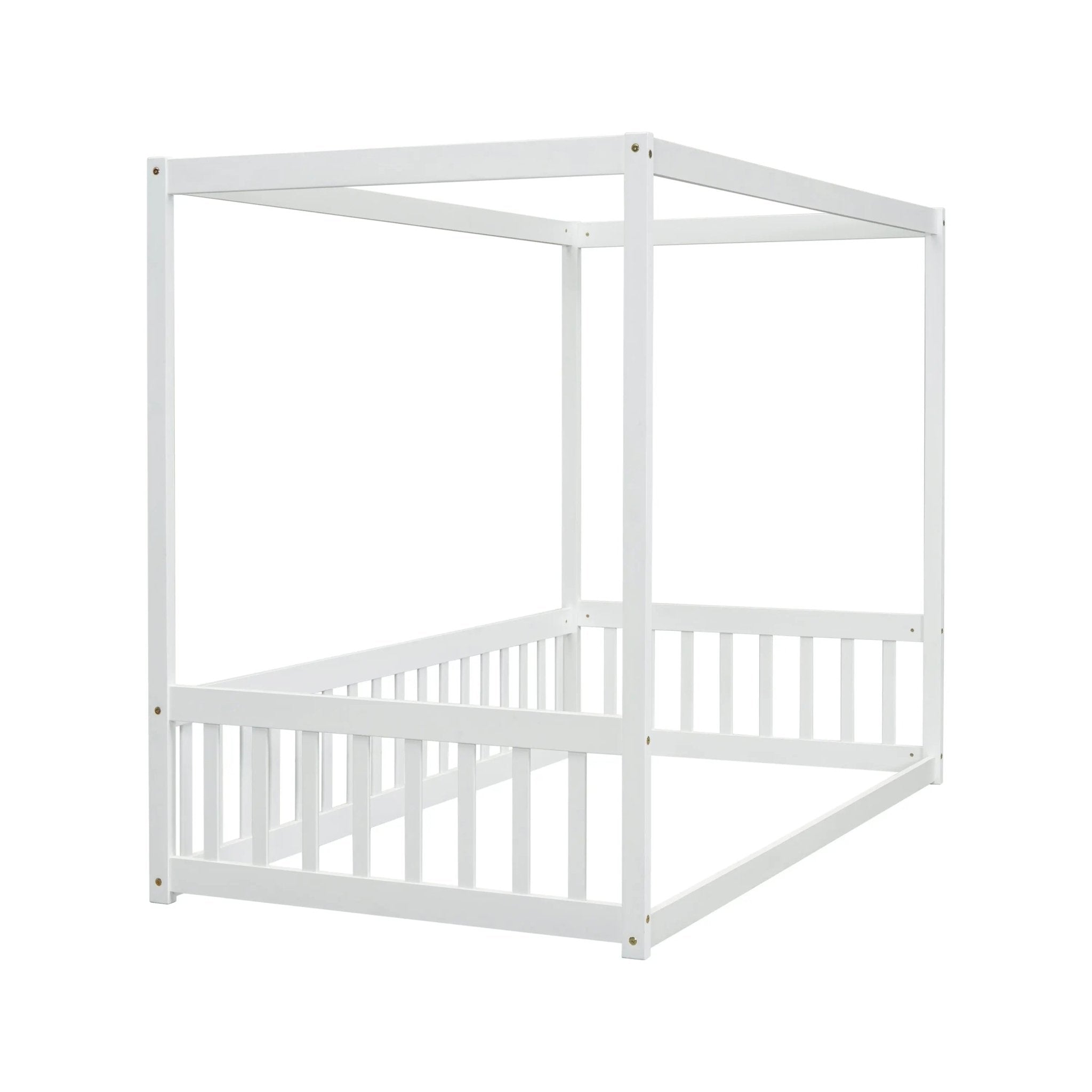 Bellemave® Canopy Frame Floor Bed with Fence, Guardrails - Bellemave