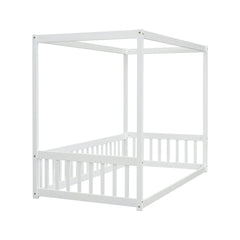 Bellemave® Canopy Frame Floor Bed with Fence, Guardrails - Bellemave
