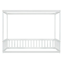 Bellemave® Canopy Frame Floor Bed with Fence, Guardrails - Bellemave