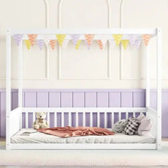 Bellemave® Canopy Frame Floor Bed with Fence, Guardrails - Bellemave