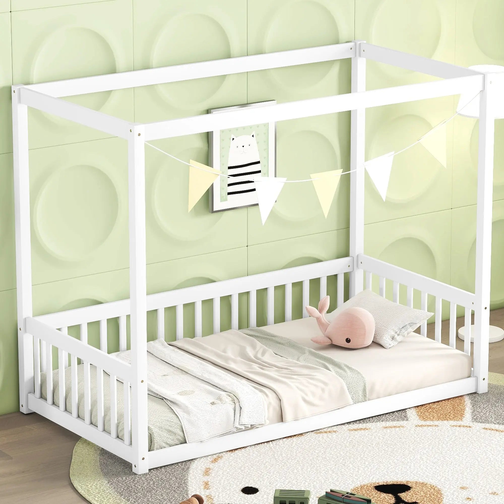 Bellemave® Canopy Frame Floor Bed with Fence, Guardrails - Bellemave