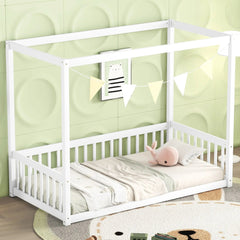 Bellemave® Canopy Frame Floor Bed with Fence, Guardrails - Bellemave