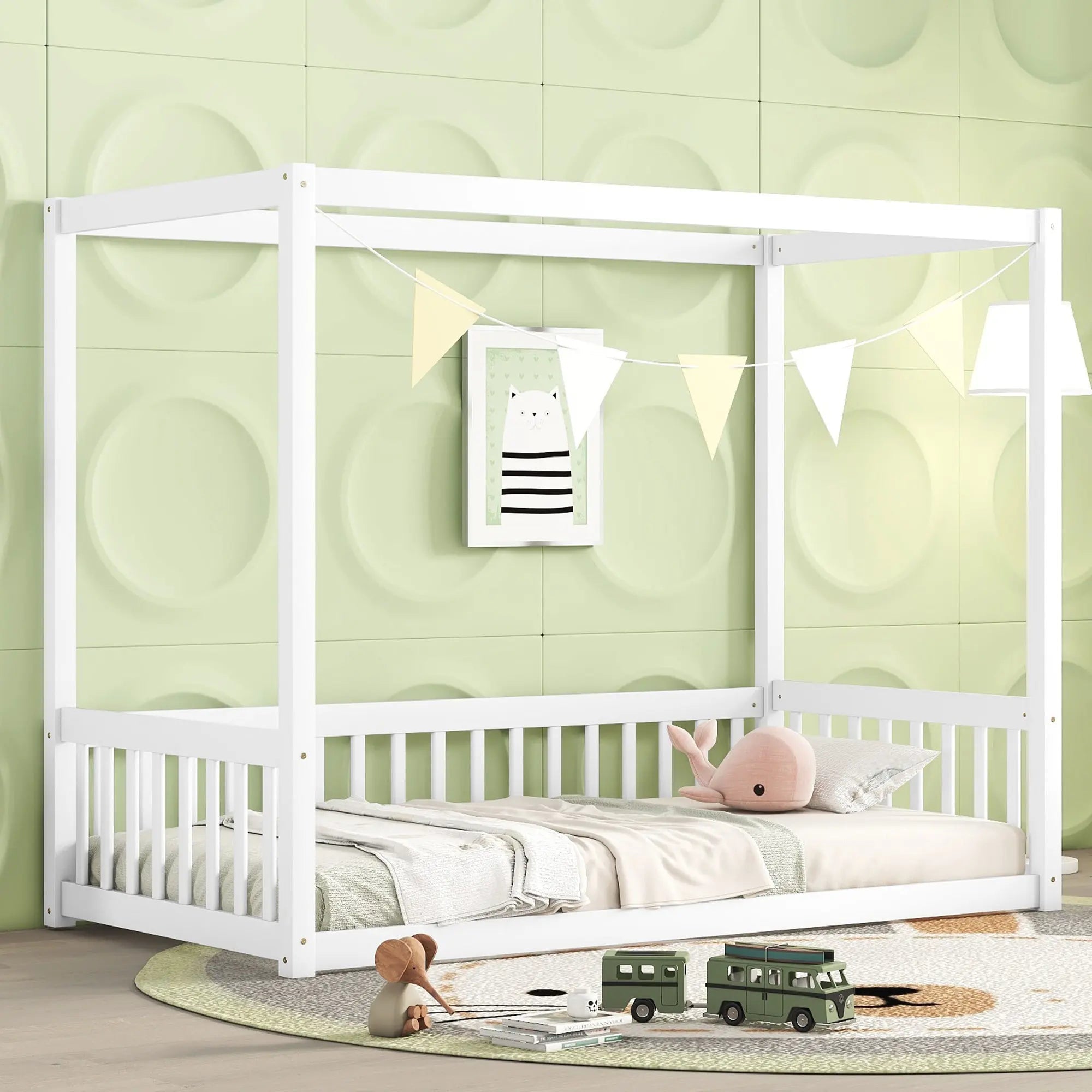 Bellemave® Canopy Frame Floor Bed with Fence, Guardrails - Bellemave