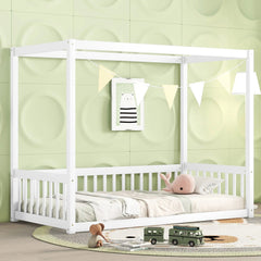 Bellemave® Canopy Frame Floor Bed with Fence, Guardrails - Bellemave