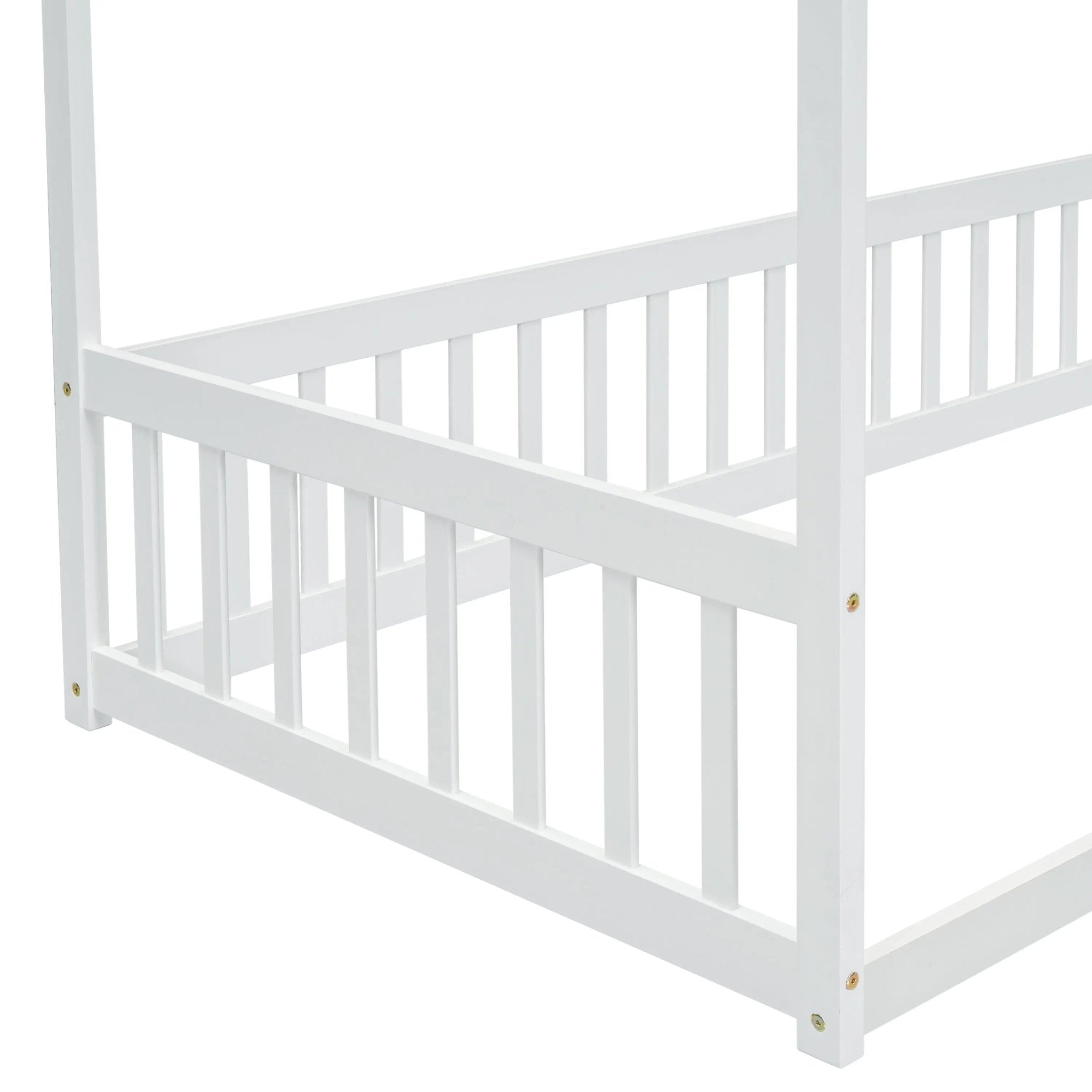 Bellemave® Canopy Frame Floor Bed with Fence, Guardrails - Bellemave