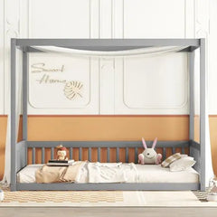 Bellemave® Canopy Frame Floor Bed with Fence, Guardrails - Bellemave