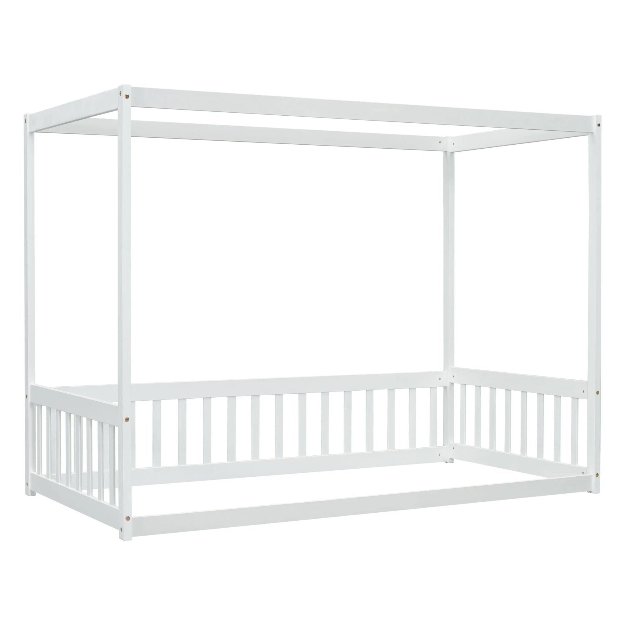 Bellemave® Canopy Frame Floor Bed with Fence, Guardrails - Bellemave
