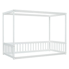Bellemave® Canopy Frame Floor Bed with Fence, Guardrails - Bellemave