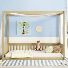 Bellemave® Canopy Frame Floor Bed with Fence, Guardrails - Bellemave