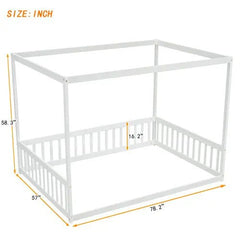 Bellemave® Canopy Frame Floor Bed with Fence, Guardrails - Bellemave