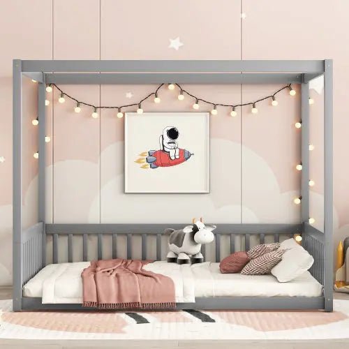 Bellemave® Canopy Frame Floor Bed with Fence, Guardrails - Bellemave