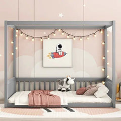 Bellemave® Canopy Frame Floor Bed with Fence, Guardrails - Bellemave