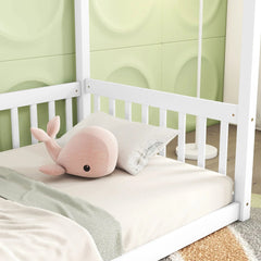 Bellemave® Canopy Frame Floor Bed with Fence, Guardrails - Bellemave