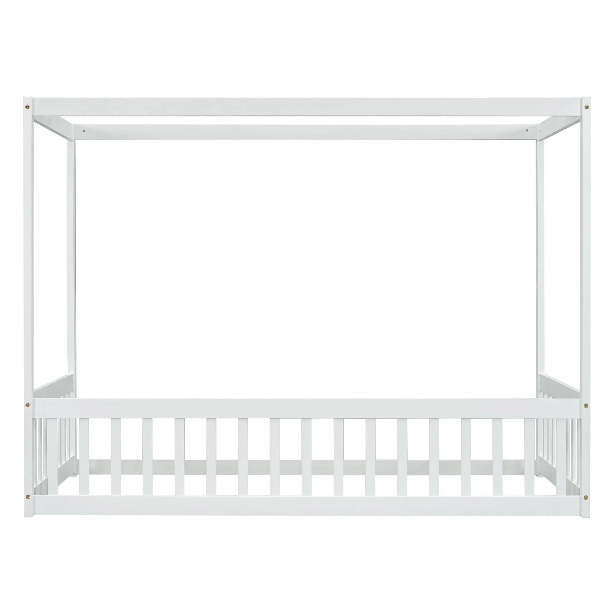 Bellemave® Canopy Frame Floor Bed with Fence, Guardrails - Bellemave