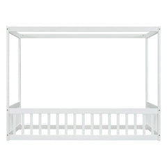 Bellemave® Canopy Frame Floor Bed with Fence, Guardrails - Bellemave