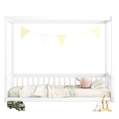Bellemave® Canopy Frame Floor Bed with Fence, Guardrails - Bellemave