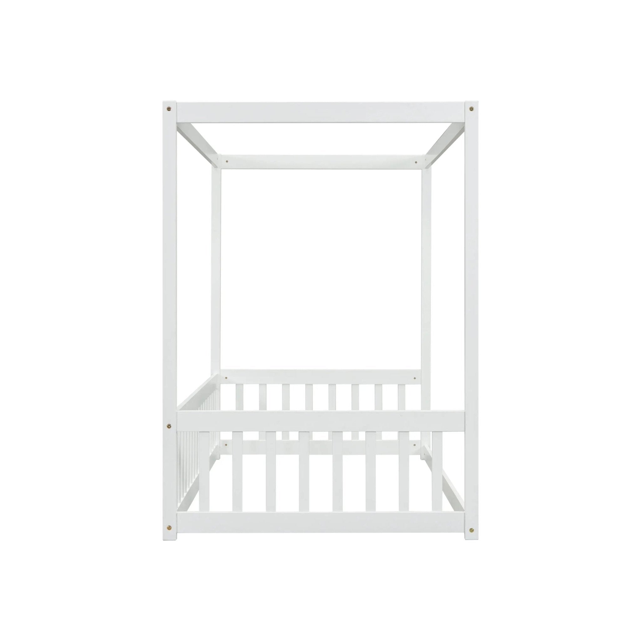 Bellemave® Canopy Frame Floor Bed with Fence, Guardrails - Bellemave