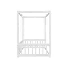 Bellemave® Canopy Frame Floor Bed with Fence, Guardrails - Bellemave
