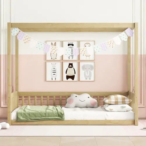 Bellemave® Canopy Frame Floor Bed with Fence, Guardrails - Bellemave