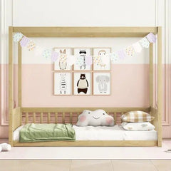 Bellemave® Canopy Frame Floor Bed with Fence, Guardrails - Bellemave