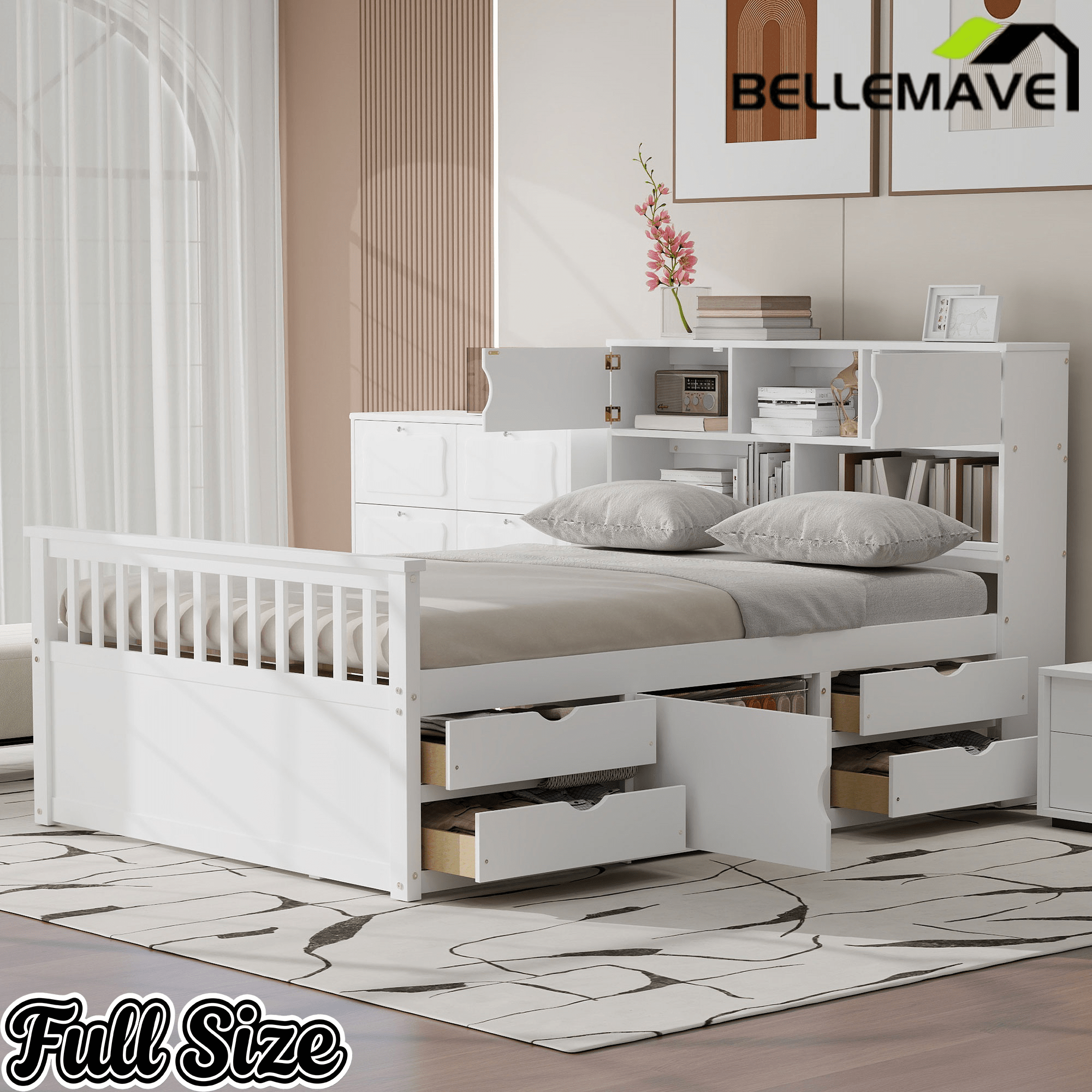 Bellemave® Captain Platform Bed with Storage Bookcases and Shelves, Solid Wood Platform Bed Frame with 4 Drawers and a Cabinet - Bellemave
