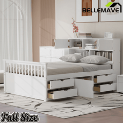 Bellemave® Captain Platform Bed with Storage Bookcases and Shelves, Solid Wood Platform Bed Frame with 4 Drawers and a Cabinet - Bellemave