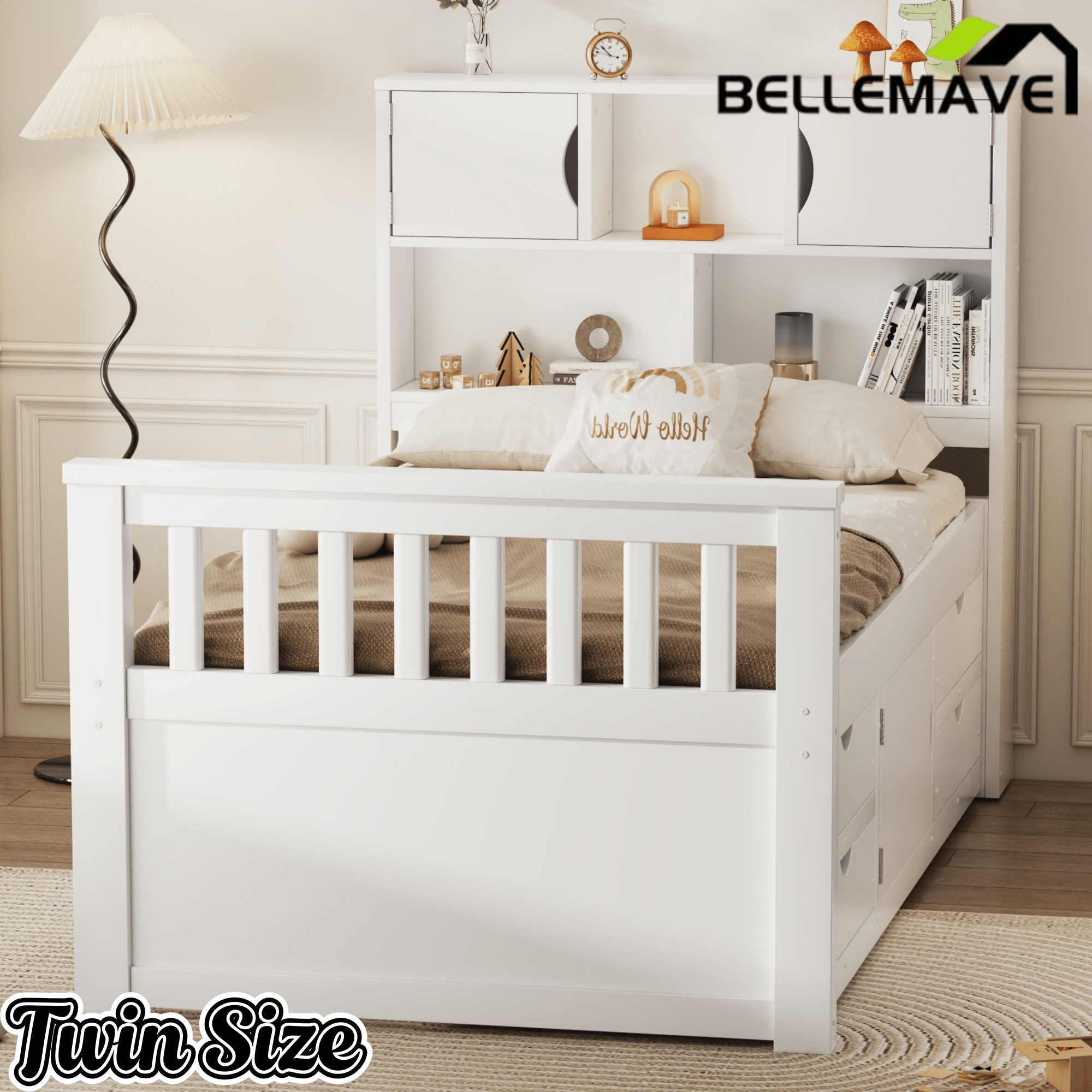 Bellemave® Captain Platform Bed with Storage Bookcases and Shelves, Solid Wood Platform Bed Frame with 4 Drawers and a Cabinet - Bellemave