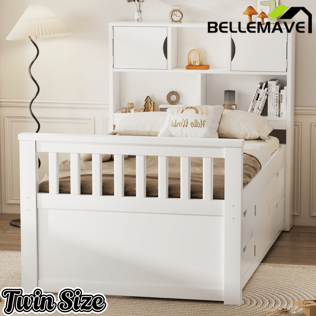 Bellemave® Captain Platform Bed with Storage Bookcases and Shelves, Solid Wood Platform Bed Frame with 4 Drawers and a Cabinet - Bellemave