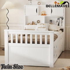 Bellemave® Captain Platform Bed with Storage Bookcases and Shelves, Solid Wood Platform Bed Frame with 4 Drawers and a Cabinet - Bellemave