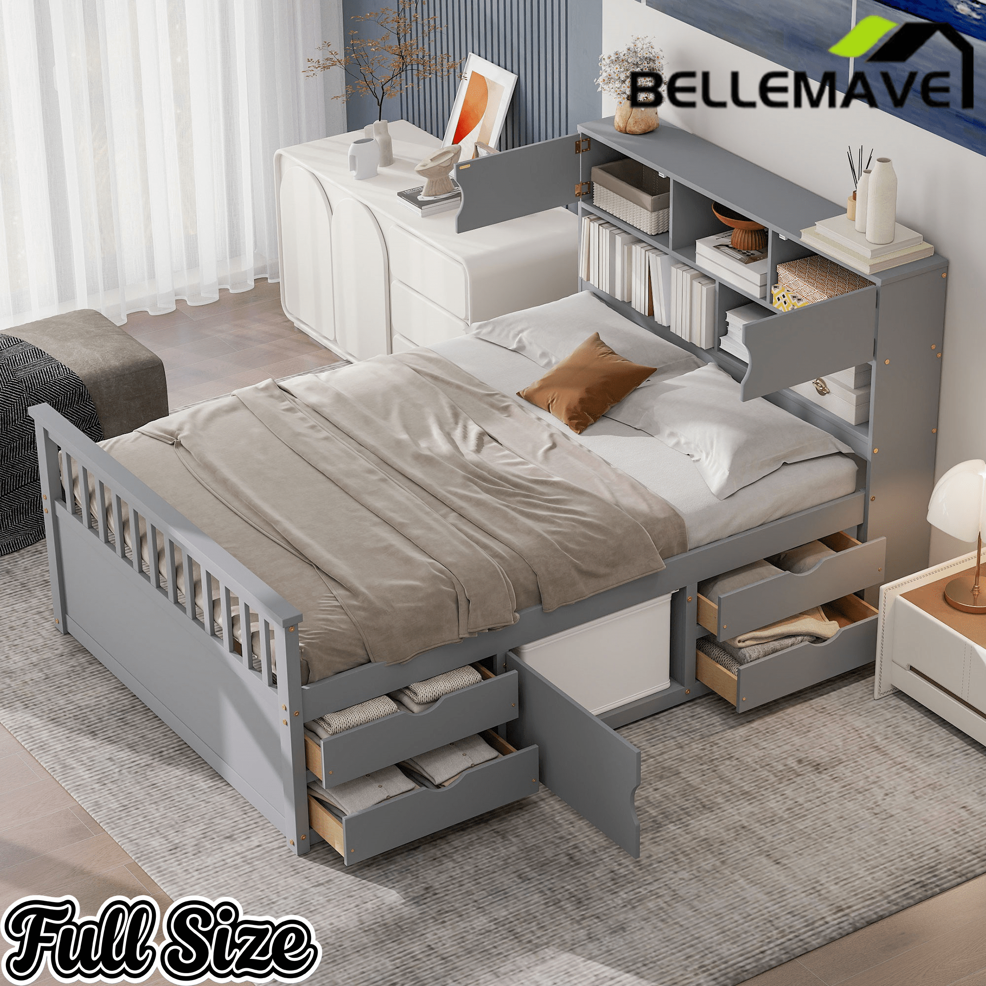 Bellemave® Captain Platform Bed with Storage Bookcases and Shelves, Solid Wood Platform Bed Frame with 4 Drawers and a Cabinet - Bellemave