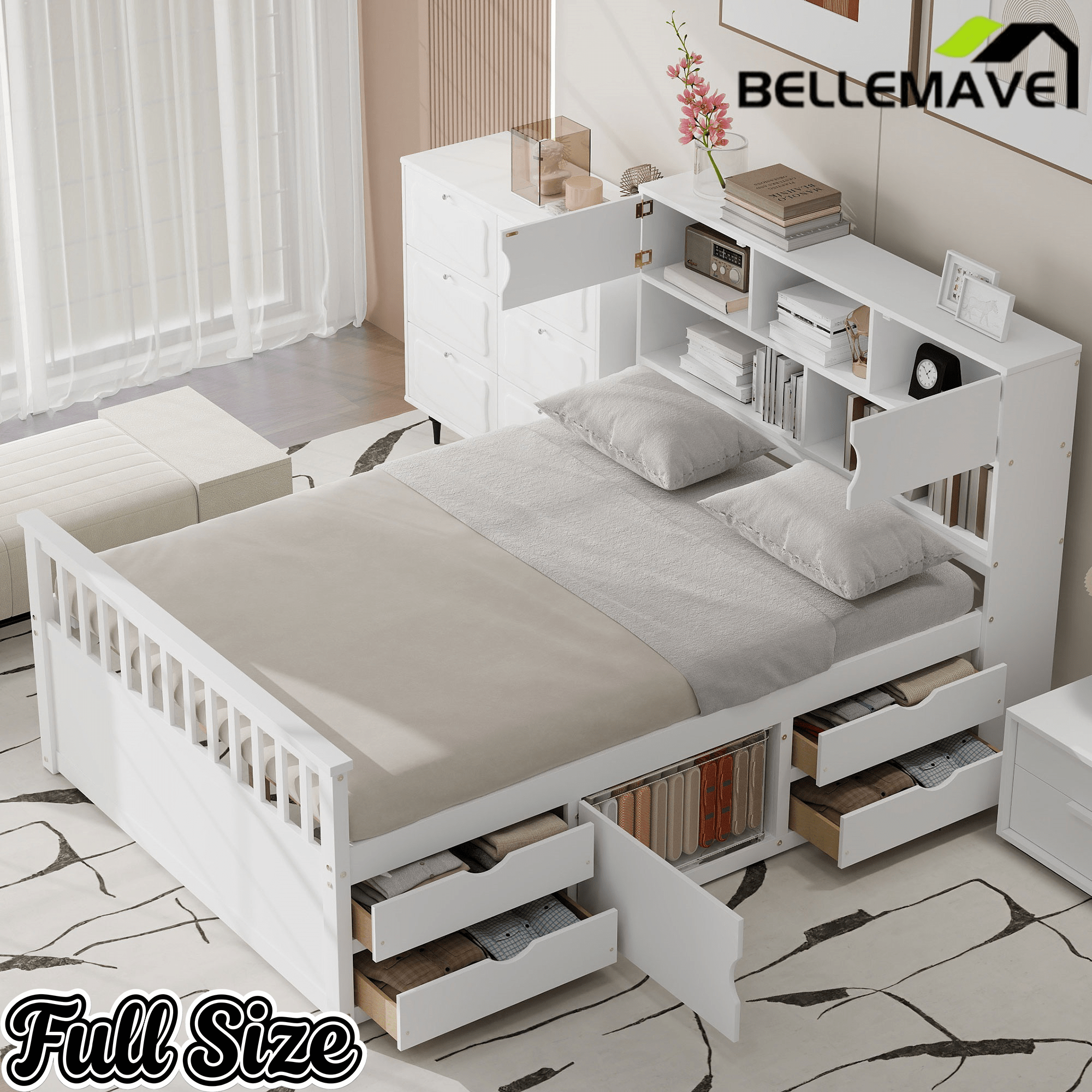 Bellemave® Captain Platform Bed with Storage Bookcases and Shelves, Solid Wood Platform Bed Frame with 4 Drawers and a Cabinet - Bellemave