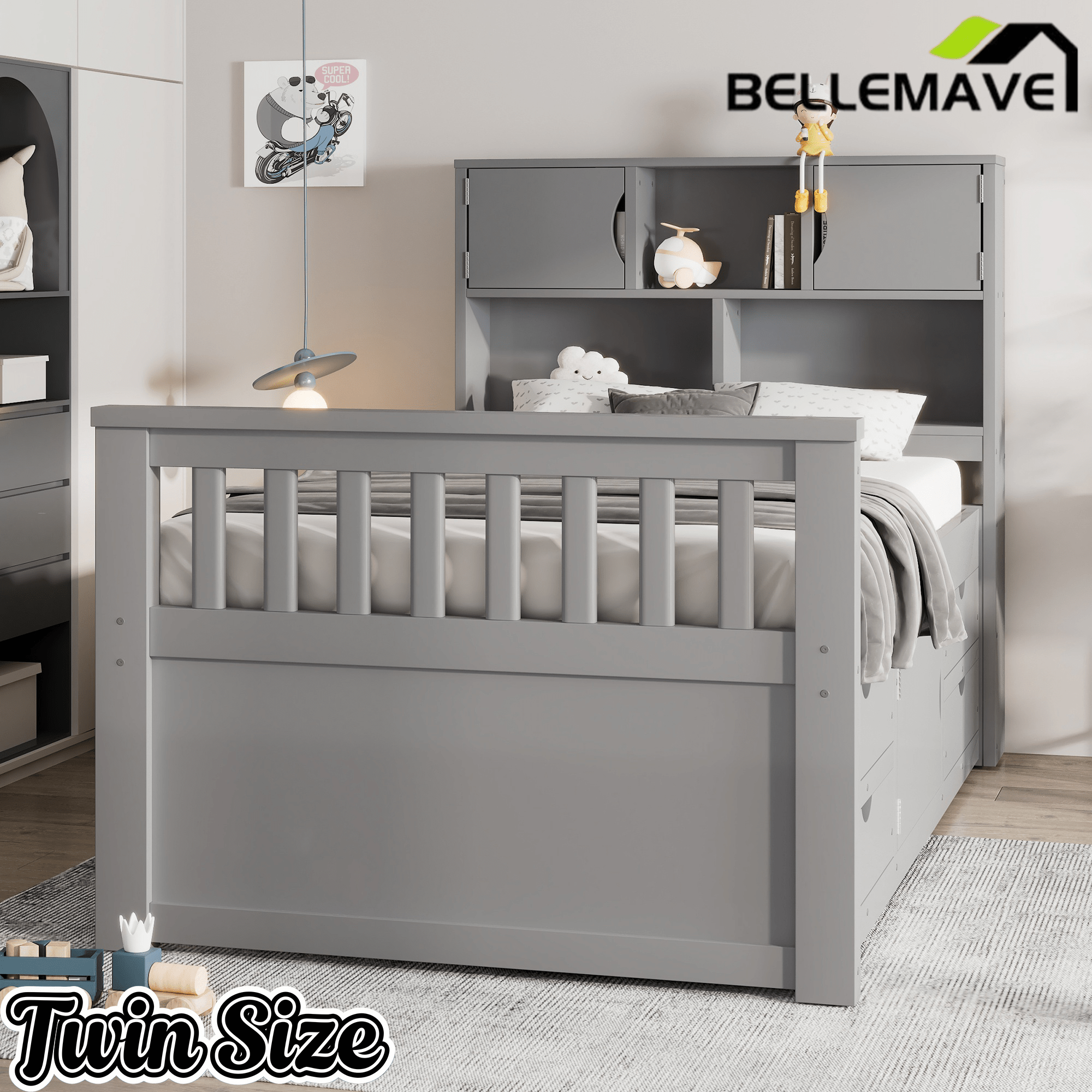 Bellemave® Captain Platform Bed with Storage Bookcases and Shelves, Solid Wood Platform Bed Frame with 4 Drawers and a Cabinet - Bellemave