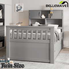 Bellemave® Captain Platform Bed with Storage Bookcases and Shelves, Solid Wood Platform Bed Frame with 4 Drawers and a Cabinet - Bellemave