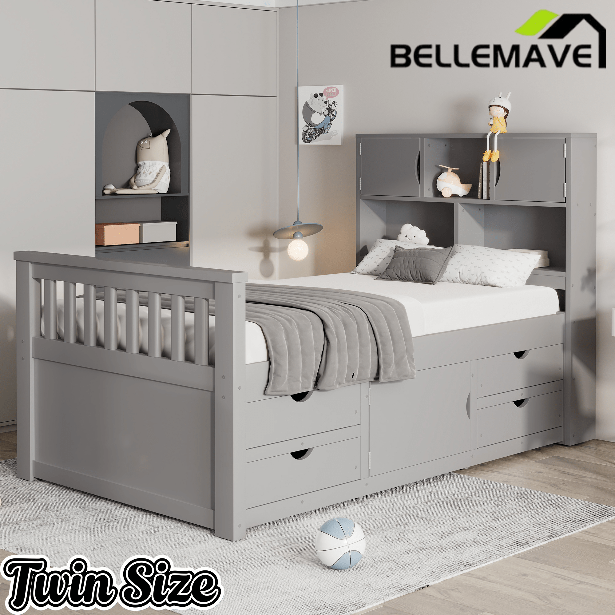 Bellemave® Captain Platform Bed with Storage Bookcases and Shelves, Solid Wood Platform Bed Frame with 4 Drawers and a Cabinet - Bellemave
