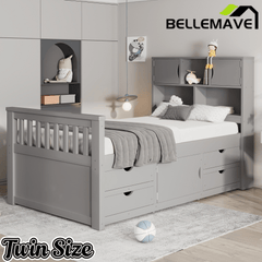 Bellemave® Captain Platform Bed with Storage Bookcases and Shelves, Solid Wood Platform Bed Frame with 4 Drawers and a Cabinet - Bellemave