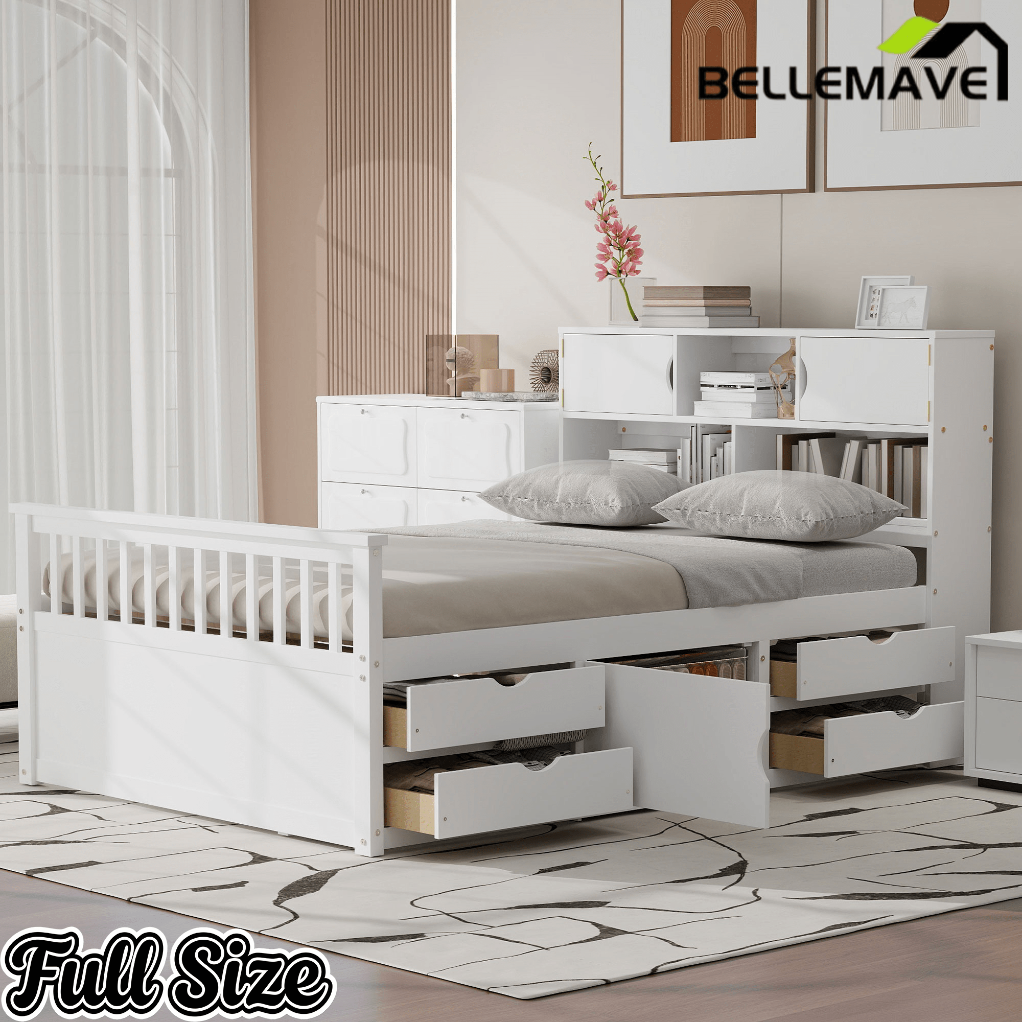 Bellemave® Captain Platform Bed with Storage Bookcases and Shelves, Solid Wood Platform Bed Frame with 4 Drawers and a Cabinet - Bellemave
