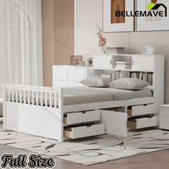 Bellemave® Captain Platform Bed with Storage Bookcases and Shelves, Solid Wood Platform Bed Frame with 4 Drawers and a Cabinet - Bellemave