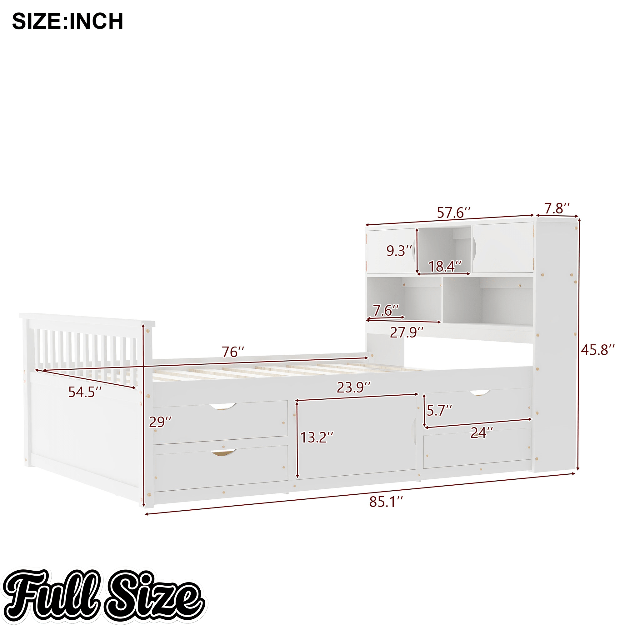 Bellemave® Captain Platform Bed with Storage Bookcases and Shelves, Solid Wood Platform Bed Frame with 4 Drawers and a Cabinet - Bellemave