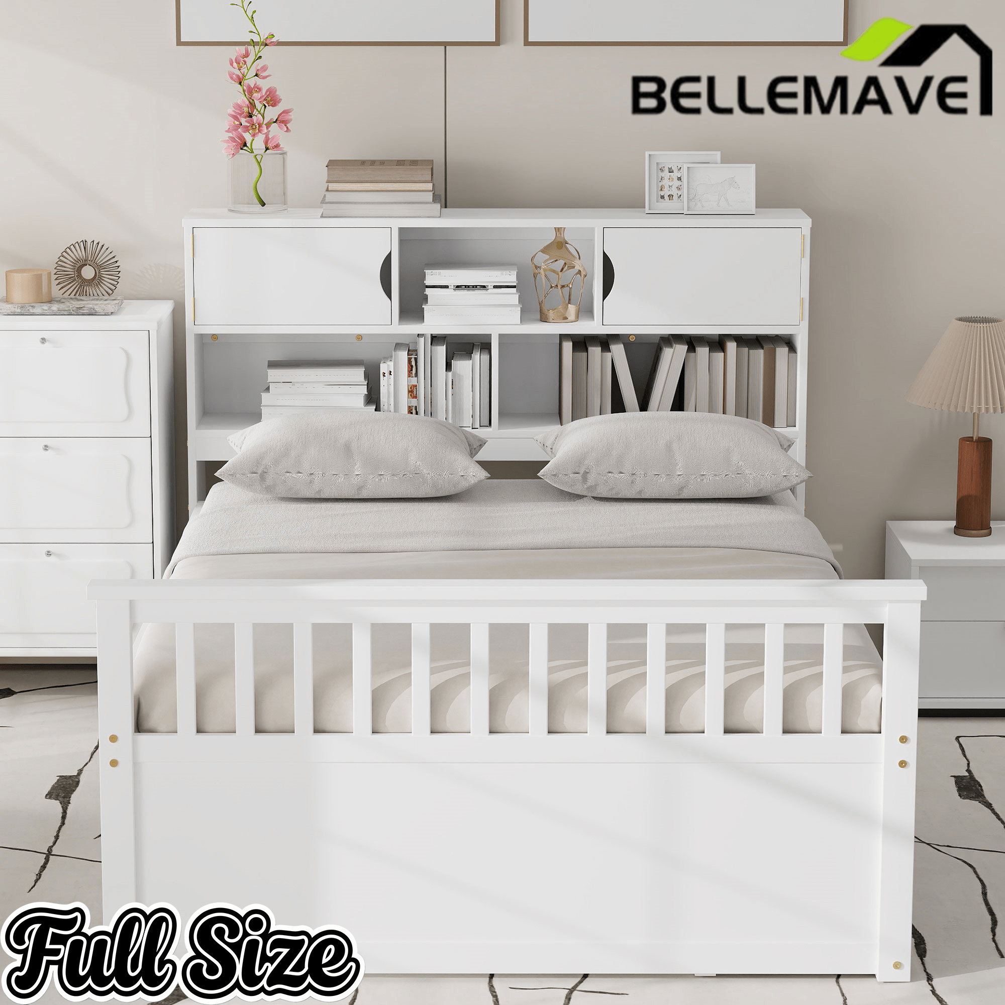 Bellemave® Captain Platform Bed with Storage Bookcases and Shelves, Solid Wood Platform Bed Frame with 4 Drawers and a Cabinet - Bellemave