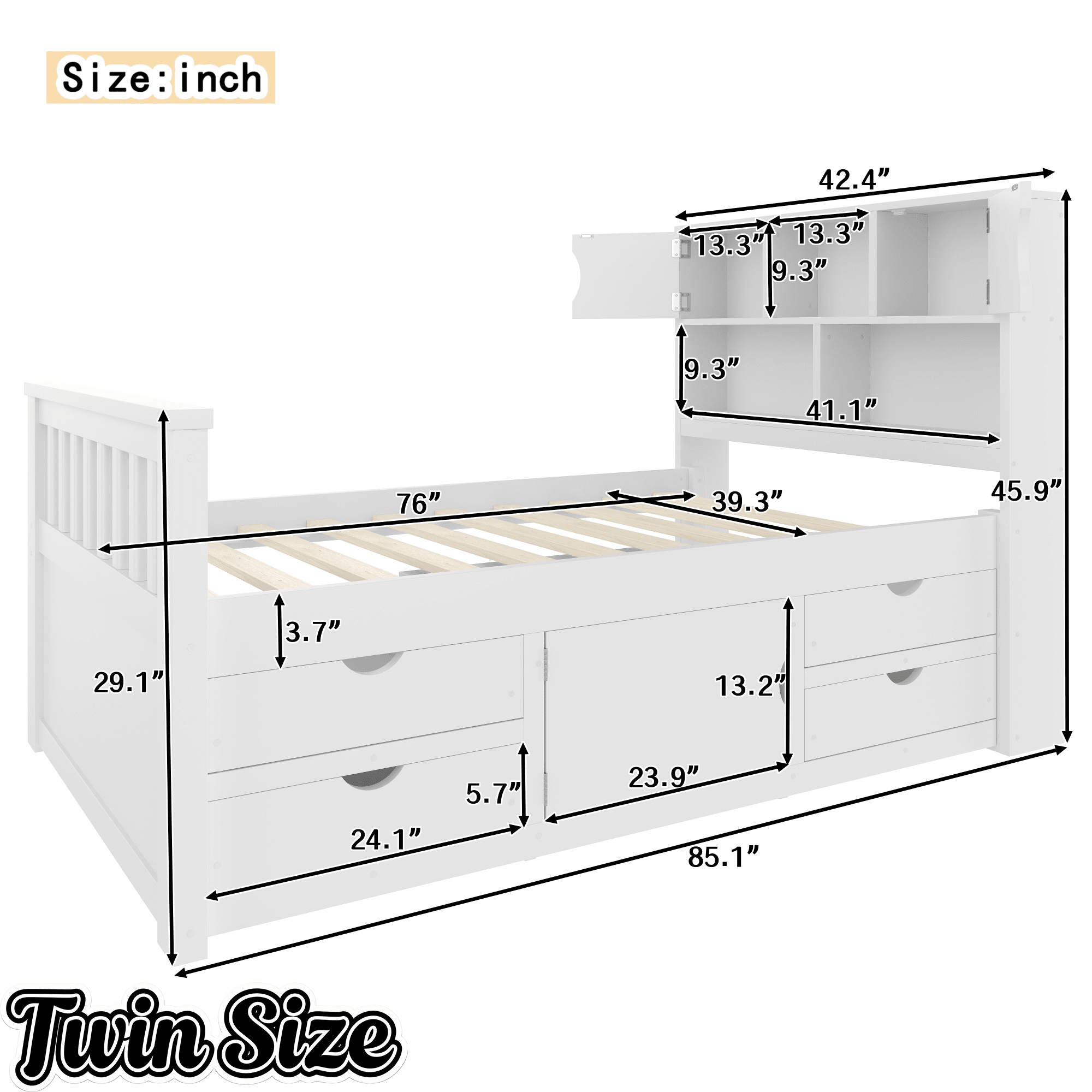Bellemave® Captain Platform Bed with Storage Bookcases and Shelves, Solid Wood Platform Bed Frame with 4 Drawers and a Cabinet - Bellemave