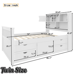 Bellemave® Captain Platform Bed with Storage Bookcases and Shelves, Solid Wood Platform Bed Frame with 4 Drawers and a Cabinet - Bellemave