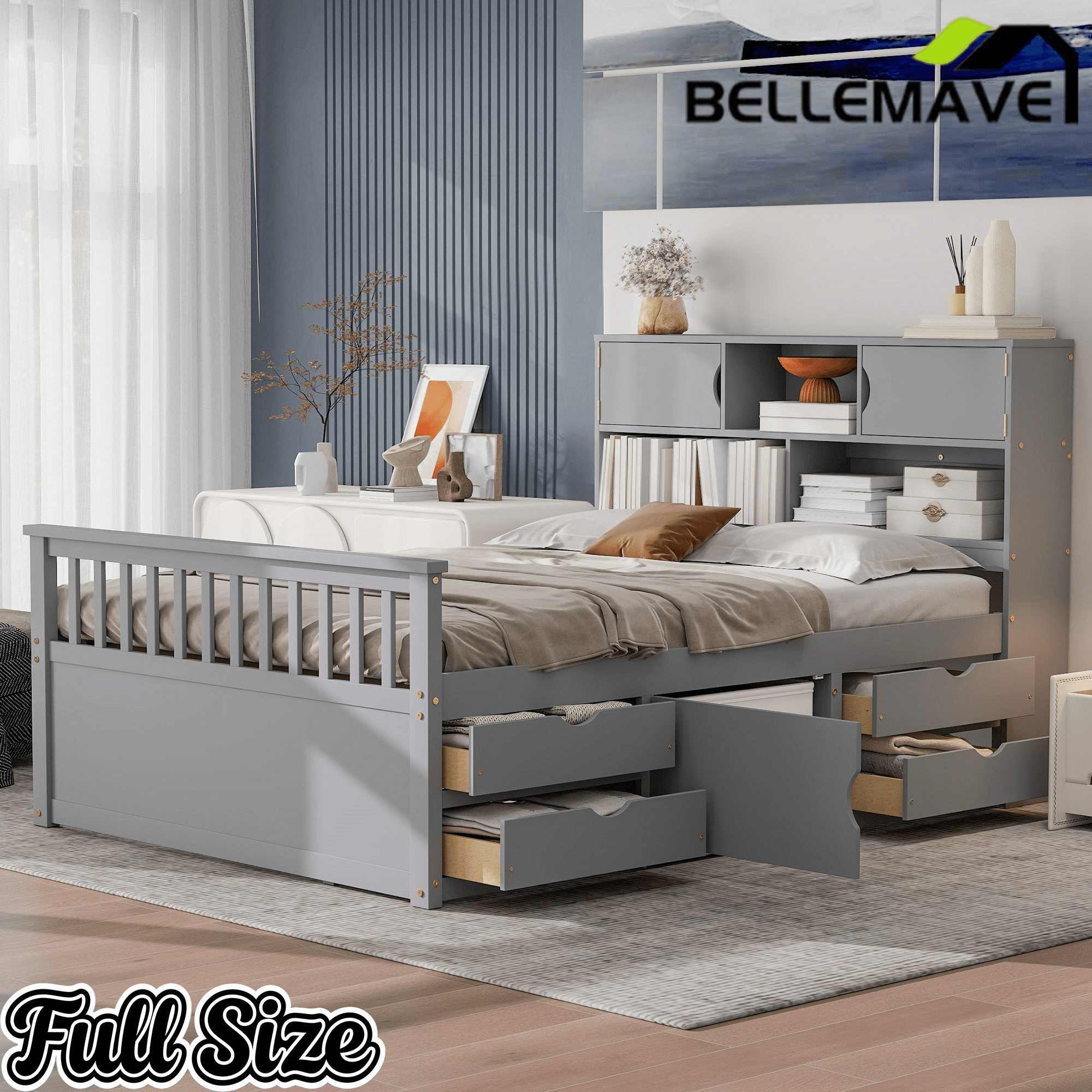 Bellemave® Captain Platform Bed with Storage Bookcases and Shelves, Solid Wood Platform Bed Frame with 4 Drawers and a Cabinet - Bellemave